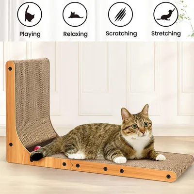 Produktbild von L-förmige Katzenkratzmatte - Wand- und Bodenkratzbrett - 68 cm - Wellpappe - Mit Ballspielzeug - Für Wohnungskatzen