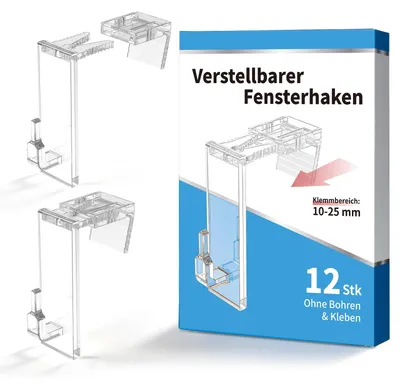 12 verstellbare Fensterhaken, transparent, Klemmbereich 10-25 mm