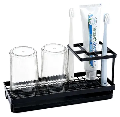 Produktbild von Zahnbürstenhalter für das Badezimmer mit 2 Spülbechern und 4 Fächern, aus Metall, für elektrische Zahnbürsten und Zahnpasta-Organizer (schwarz)