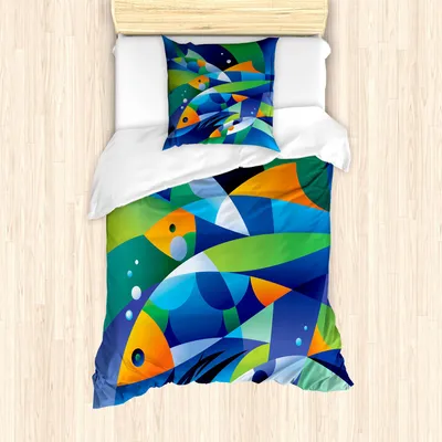 Obrázek produktu pro ABAKUHAUS Sada povlečení Ocean, abstraktní digitální geometrický vzor s rybami a kruhovými křivkami v hlubinách oceánu, 135 x 200 cm + 80 x 80 cm, vícebarevné