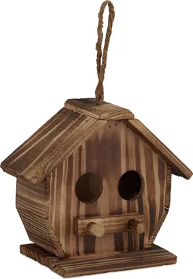 Immagine prodotto di Casetta per uccelli decorativa Relaxdays, legno bruciato, da appendere, per esterni, dimensioni: 28,5 x 19 x 10,5 cm, colore naturale