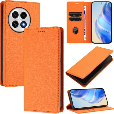 Immagine prodotto di Custodia in pelle per OnePlus 13, pelle Litschi, custodia a portafoglio con slot per carte e supporto Arancione