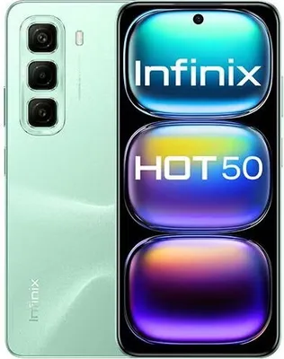 A marketing image of an Infinix Hot 50 smartphone, displayed with promotional text on its screen.