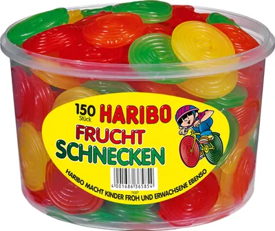 Produktbild von Haribo Fruchtschnecken, Gummibärchen, Weingummi, Fruchtgummi, 150 Stück, 1200g Dose