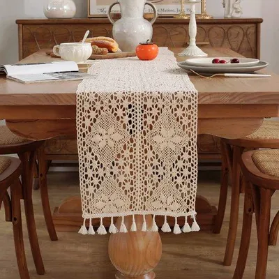 Productafbeelding van Ibenzoa® Gehaakte vintage-boho tafelkleed van katoen-polyester met kantdetails en franjes – decoratief tafelkleed voor feestelijke gelegenheden en dagelijks gebruik