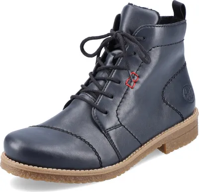 A single blue Rieker women's boot is shown against a white background.