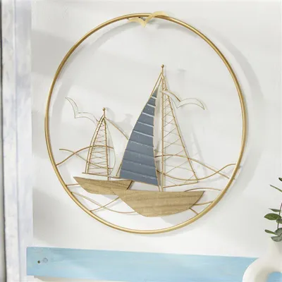 Image de tableau mural 3D "Regatta" en métal doré, 2 voiliers dans un cadre rond, décoration murale