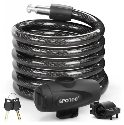 Image de Antivol de vélo SPGOOD 120 cm/12 mm, niveau de sécurité très élevé, câble spiralé, antivol, 2 clés incluses, noir