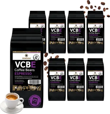 Produktbild von VENESSA VCBE Espresso Ganze Bohne 8 x 1kg Vorratspack Aromatisch Kräftig Intensiv - Kaffee für alle Automaten, Unternehmen, Cafés, Barista