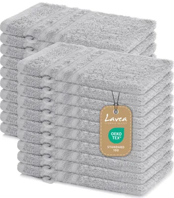 Produktbild von Lavea® 20er Waschhandschuh Set Elena, 100% Baumwolle Frottee, Waschlappen saugstark & weich, für Körper und Gesicht, 60 °C, trocknergeeignet, Silber, 15 x 21 cm