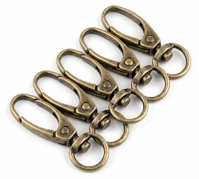5er Set Bolzen-Karabiner in Altmessing, Taschenkarabiner für Gurtband.