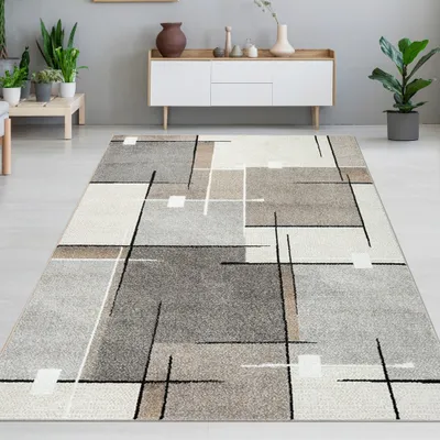 Obrázok produktu pre Moderný koberec s geometrickým vzorom - béžová, sivá a čierna farba - mäkký a ľahko sa čistí Veľkosť - 240x330 cm