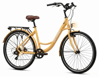 Produktbild von oToMUNICH Plus Sunset Beige 28 Zoll Fahrrad, Shimano 7-Gang, City-Bike, Tiefeinsteiger mit Stahlrahmen, Nabendynamo 60 Lux LED Frontlicht, mit Tracker, Fahrradcomputer, Handyhalterung und Gepäckträger