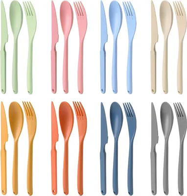 Immagine prodotto di Set di posate da campeggio, 8 pezzi, riutilizzabile, in plastica, composto da cucchiaio, coltello e forchetta, ideale per picnic