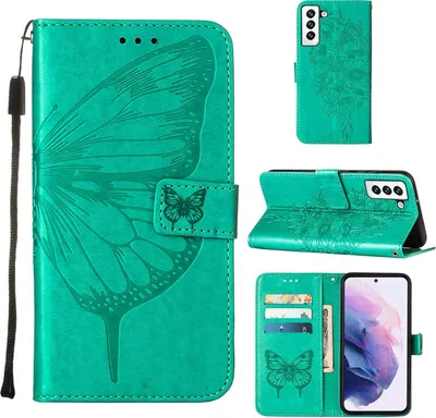 Produktbild von Galaxy S23 Hülle, Schmetterling Prägung Flip Leder Kartenfächer Schutzhülle Ledertasche mit Ständer für Samsung Galaxy S23 Grün