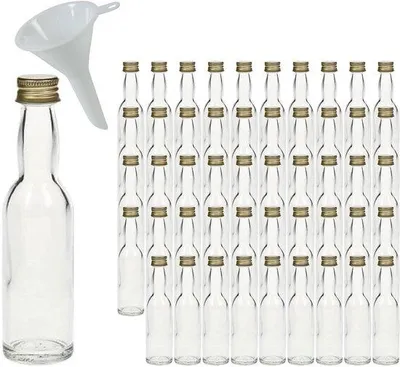 Zdjęcie produktu dla 50 szklanych mini-butelek o pojemności 40 ml, idealnych do napełniania, butelki prezentowe z zakrętką, w zestawie lejek