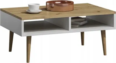Produktbild von MATKAM Couchtisch Isla H46 x B100 x 50 cm, in Retrooptik, 2 offene Ablagefächer, konischen Beine (Artisan Eiche)