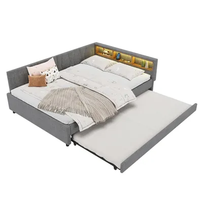 Produktbild von Schlafsofa mit LED-Beleuchtung und Gästebett, 140x200 cm, Polsterbett mit Lattenrost und Mehrfachsteckdose, Doppelbett, Leinen