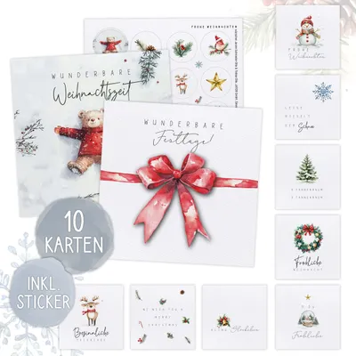 Produktbild von XXL Weihnachtskarten Set mit Stickern - 10 große festliche Weihnachtskarten (14,8 x 14,8 cm) in verschiedenen Designs, inkl. Stickerbogen. Postkarten Weihnachten im edlen Stil.