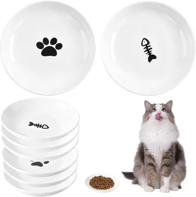 Productafbeelding van Voerbakken voor katten - 6 stuks - keramiek - plat en snorhaarvriendelijk - wit
