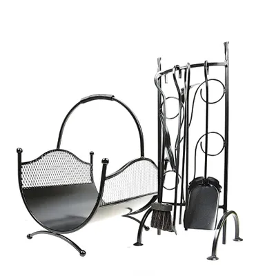 Produktbild von DIXIE STORE Kaminset Holzeimer Schaufel Besen Greifer Ständer - 4,5kg Schwarz