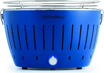 A blue LotusGrill charcoal grill is shown against a white background.