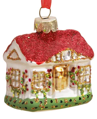 Weihnachtshaus-Anhänger aus Glas, 6x5 cm, rot/weiß/grün