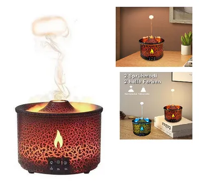 A collage of images showing an aroma diffuser with a flame-like mist effect, and close-ups demonstrating its features and color options.