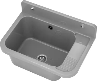 A gray plastic sink basin with a drain and a ribbed area for scrubbing.