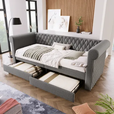 Produktbild von okwish Schlafsofa Daybett 90x200cm mit Lattenrost aus holz, Polsterbett Sofabett mit 2 Stauraum Schubladen und hohe Rückenlehne(Ohne Matratze)- Grau