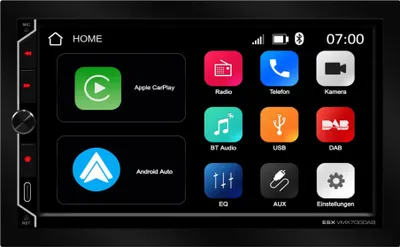 A car stereo system's touchscreen interface displaying various app icons and system information.