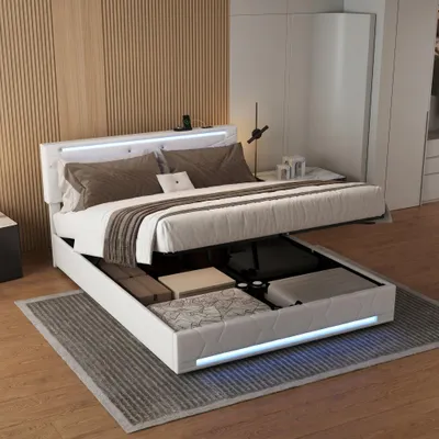 Image de INONEFT : Lit rembourré 140x200 cm avec ports USB et Type C, lit à lattes avec éclairage LED, lit pour adolescents, lit double avec sommier à lattes et espace de rangement, lit avec rangement, en lin, couleur beige