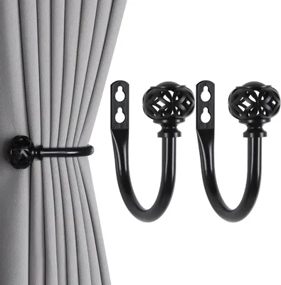 Image de 2 supports de rideaux noirs, à fixer au mur, crochets décoratifs pour rideaux, idéaux pour le salon, la chambre à coucher ou la cuisine