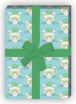 Produktbild von Cooles Katzen Geschenkpapier mit Hippster Krone und Brille in hellblau grün - G6348, 32 x 48cm