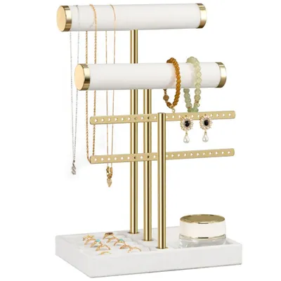 Image de Présentoir à bijoux à 3 niveaux – Rangement pour bracelets, colliers et bagues, velours beige