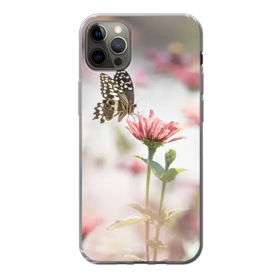 Produktbild von MuchoWow® Handyhülle Schutzhülle Hülle für iPhone 12 Pro Max Schmetterling - Blume - Rosa Silikon Softcase Handy Hülle - Hartschale