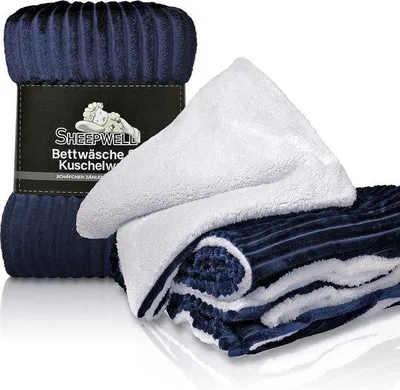 Produktbild von Flauschiges Bettwäsche-Set, marineblau und weiß, 135 x 200 cm, Kissenbezug 80 x 80 cm, Winterbettwäsche, Kinderbettwäsche, farbenfrohe Bettwäsche