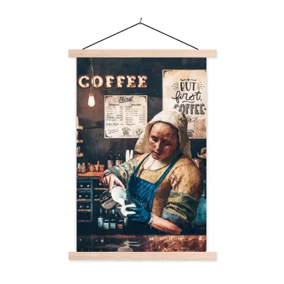 Produktbild von MuchoWow® Textilposter Kaffee - Milchmädchen - Barista - Vermeer - Kunst - Cappuccino - Aber zuerst Kaffee 40x60 cm mit holzfarbenen Rahmen - Poster