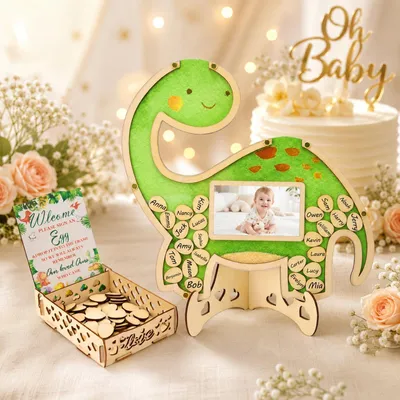 Holz-Gästebuch mit 100 Herzchen, Dino-Motiv, für Hochzeit, Taufe & Geburtstag