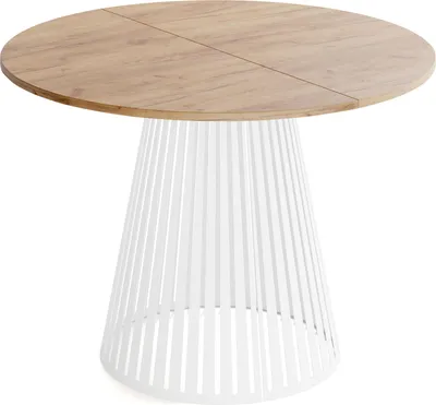 Produktbild von Esstisch Rund Ausziehbar mit Lamellen im Loft-Stil – 100 bis 180 cm – Industrieller Tisch mit Weißen Metallbeinen, Platzsparend für Wohnzimmer oder Esszimmer – Braun