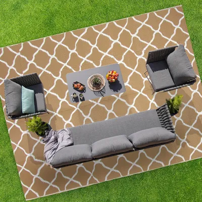 Produktbild von LifeGoods Outdoor Teppich - 274x350CM - Außenteppich - Gartenteppich - Balkonteppich - Wendbar - Inkl. Tragetasche - Mit Muster - Beige/Weiß