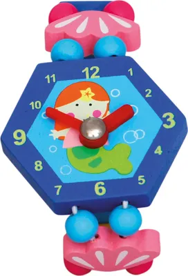 Produktbild von Holz-Armbanduhr für Kinder, Meerjungfrau-Motiv – Lernuhr mit beweglichen Zeigern