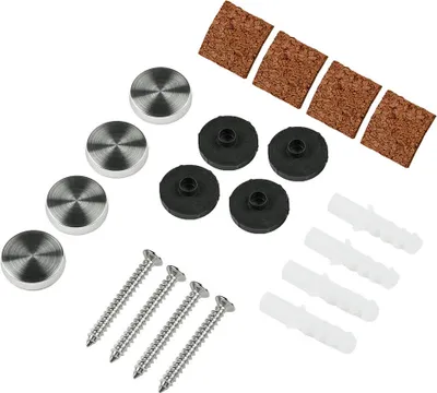 A collection of hardware components for mounting something, possibly a glass panel, on a wall.