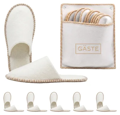 Produktbild von Relaxdays Gästehausschuhe 6 Paar, Hausschuhe "Gäste", mit Tasche, Größen 36-45, Filzpantoffeln, Antirutsch-Sohle, beige