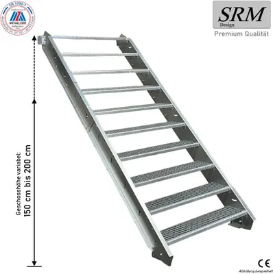 Produktbild von 10 Stufen Stahltreppe 70 cm Breite 150 - 200 cm Geschosshöhe inkl. Zubehör ohne Geländer