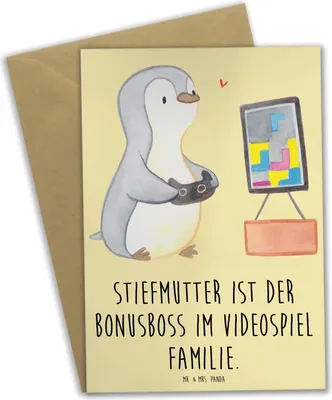 Produktbild von Mr. & Mrs. Panda Grußkarte Stiefmutter Bonusboss - Gelb Pastell - Geschenk, Geduld, genesungskarte, weihnachtskarten, Herausforderung, Beileidskarte, hochzeitskarten