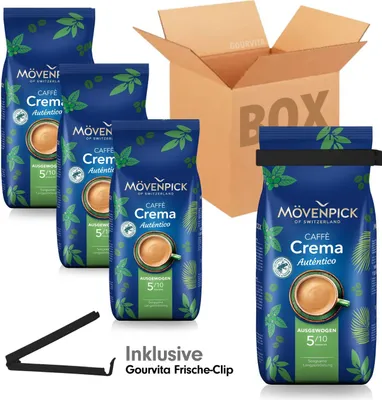 Produktbild von SPARBOX Mövenpick Crema Auténtico + gratis Gourvita  Frische-Clip, 4x1000g Bohnen