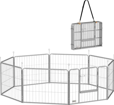 Produktbild von PawHut Welpenauslauf 60 cm Hoch, 8-TLG Hundelaufstall Welpenlaufstall mit Gurt und Tür, Freilaufgehege für kleine Hunde, Meerschweinchen, Kaninchen, Stahl, Silber