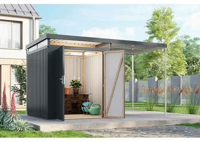 Produktbild von Gartenhaus Karibu Shoran 2 inkl. Oberlicht, Unterkonstruktion, Anbaudach 420 x 215 cm anthrazit