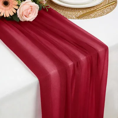 Produktbild von Tischläufer aus burgunderrotem Chiffon, 77 x 300 cm, weicher und bequemer Tischläufer für Boho-Hochzeit, Party, Taufe, Dekoration, Babyparty, Brautpar